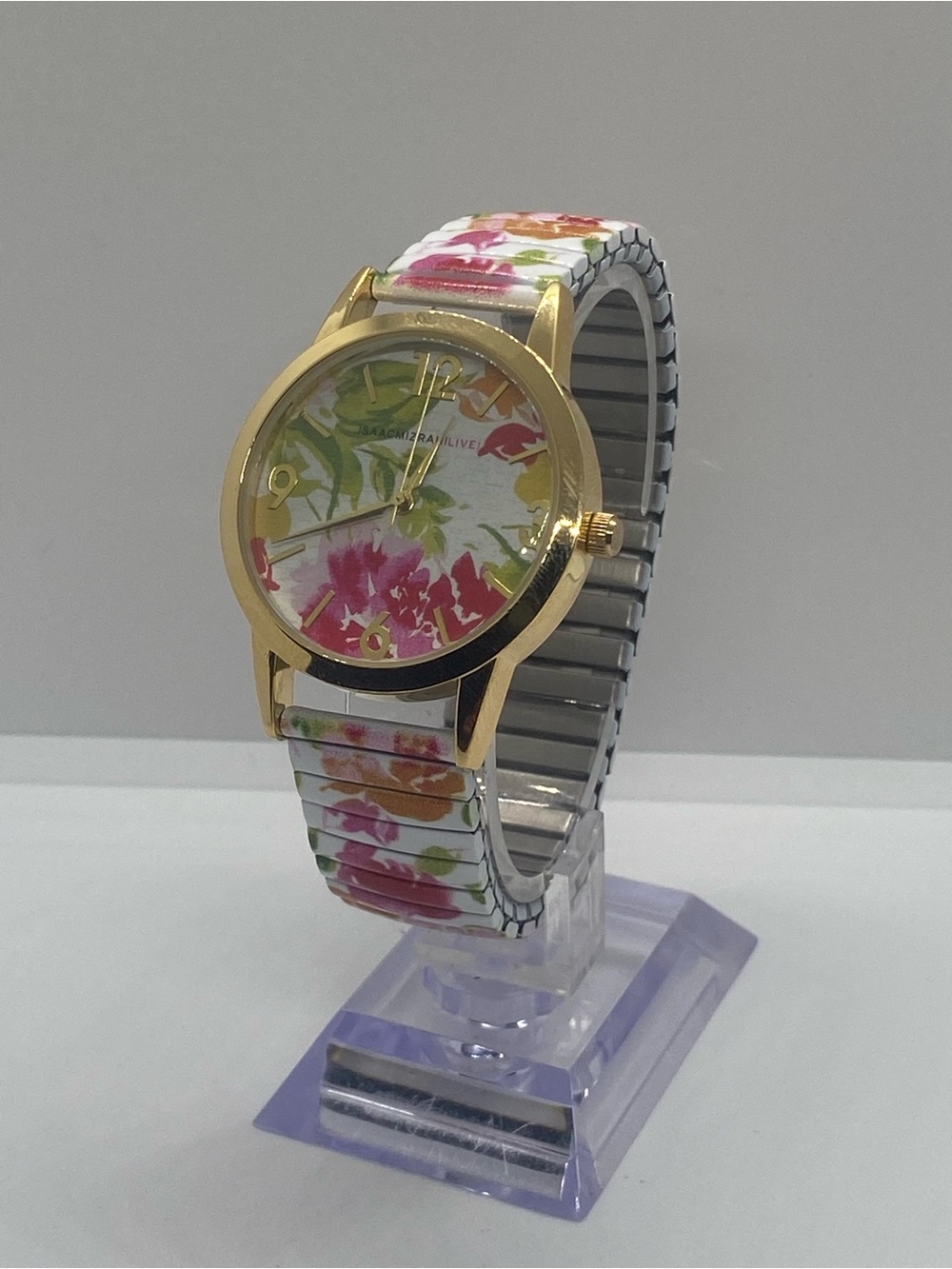 Isaac Mizrahi Gold Case Floral Watch with Pink & Green Accents